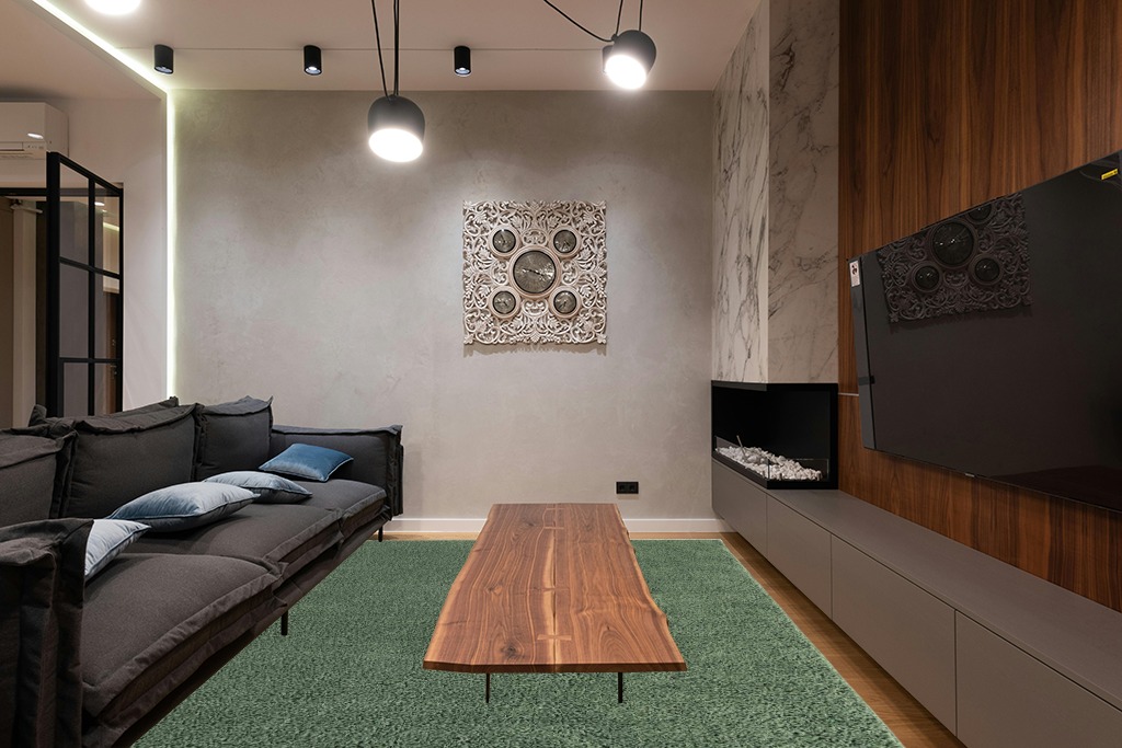 8x10 Green fluffy rug in Dark Wood Living Room with Black Couch
