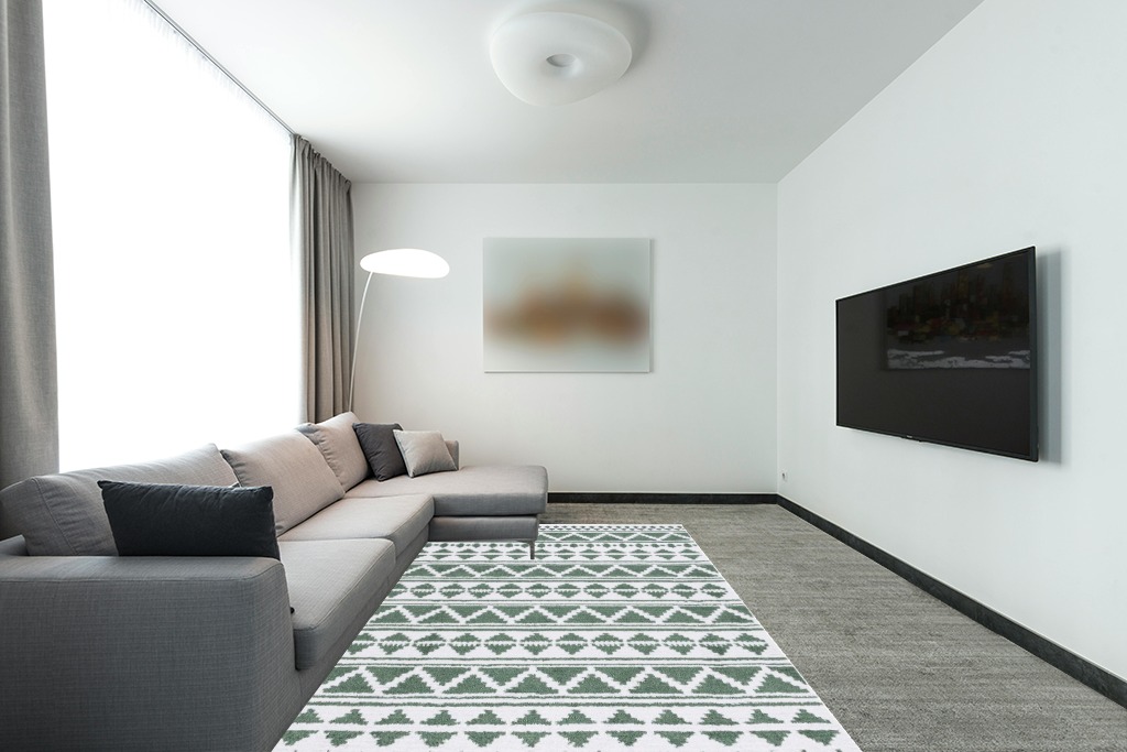 Safavieh Augustine Collection Area Rug - 6'4" x 9'6", Green & Ivory, Moroccan Boho Rustic Fringe Design, Non-Shedding & Easy Care, Ideal for High Traffic Areas in Living Room, Bedroom (AGT847Y) in Modern Living Room with Grey Couch