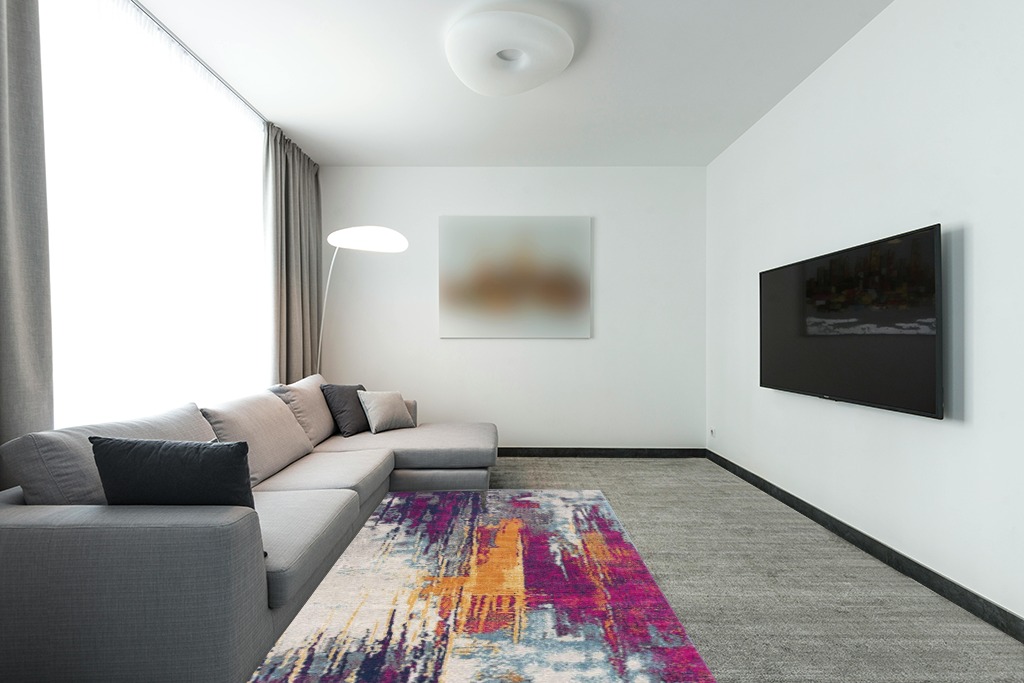 RUG BRANCH Savannah Abstract Mid-Century Modern Purple Orange Indoor Area Rug for Living Room, Bedroom, Dining Room, and Kitchen - 5' x 7' (5'3" X 7'7") in Modern Living Room with Grey Couch