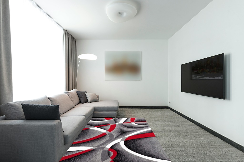 Grey Modern Fade Resistant, Stain Resistant Bedroom, Living Room, Dining Room Area Rug in Modern Living Room with Grey Couch