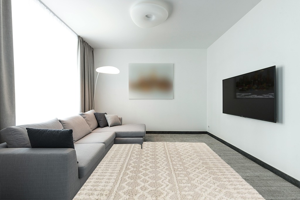 Beige Hapsburg Stain Resistant Living Room Area Rug in Modern Living Room with Grey Couch