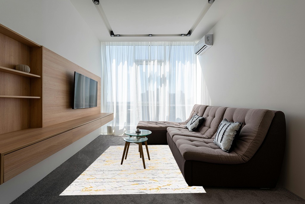 Unique Loom Finsbury Collection Area Rug - Anne (6' 1" x 9' Rectangle, Yellow and Gray/ Ivory) in Grey Living Room with Brown Couch