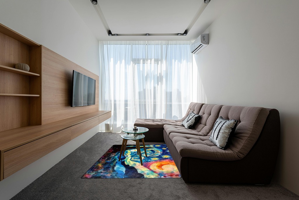 DNOVING Large Non-Slip Area Rug 5x7ft Starry Night Design, Perfect for Any Room Decorative Rug in Pink, Purple, and Blue in Grey Living Room with Brown Couch