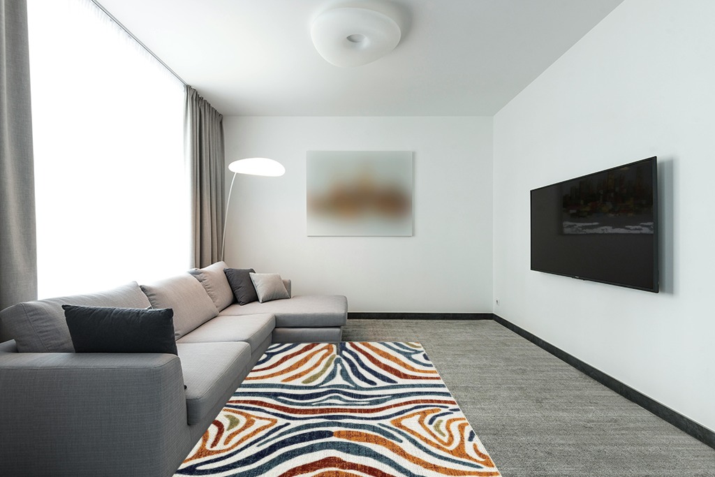 Abani Colorful Contemporary Zebra Print Area Rug Rugs - Multicolor Non-Shed 5'3" x 7'6" (5x8) Animal Pattern Blue & Brown Indoor/Outdoor Rug in Modern Living Room with Grey Couch