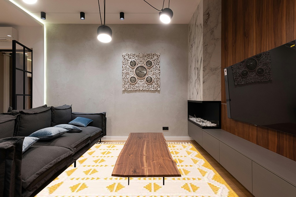 Unique Loom Mesa Collection Area Rug - Maricopa (8' x 10' Rectangle, Yellow and White) in Dark Wood Living Room with Black Couch