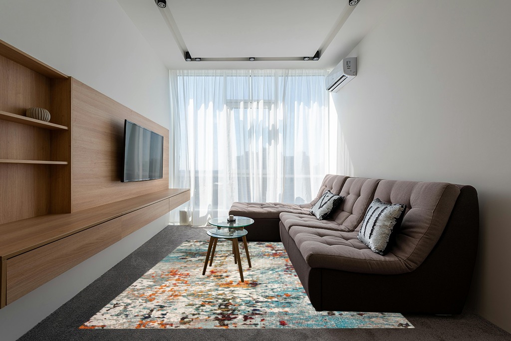Grey/Blue Retro Living Room Area Rug in Grey Living Room with Brown Couch