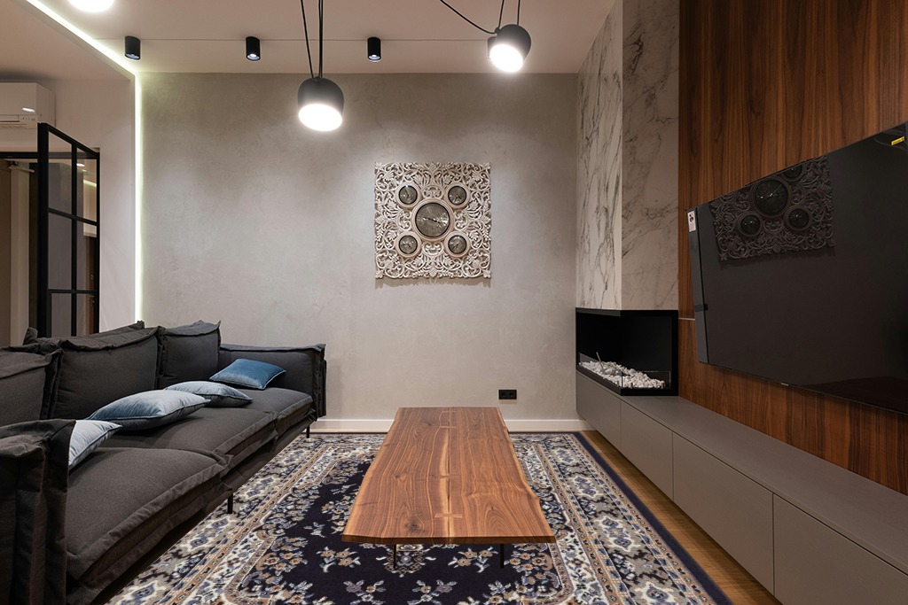 Home Dynamix Premium Sakarya Traditional Medallion Border Area Rug, Navy Blue, 7'8"x10'7" Rectangle in Dark Wood Living Room with Black Couch