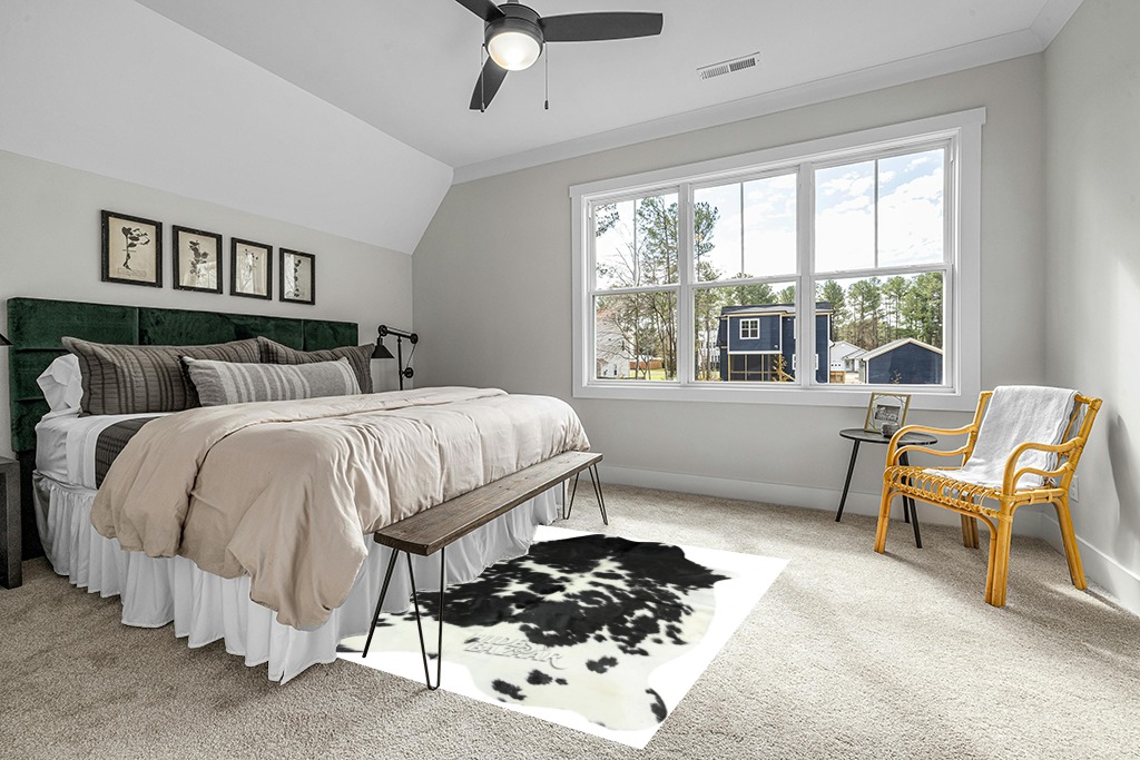 HIDES BAZAAR Classic Black and White Cowhide Rug, Premium Quality Genuine Leather Cow Hide, Area Rug (6x7 ft) in Grey Traditional Bedroom with King Bed