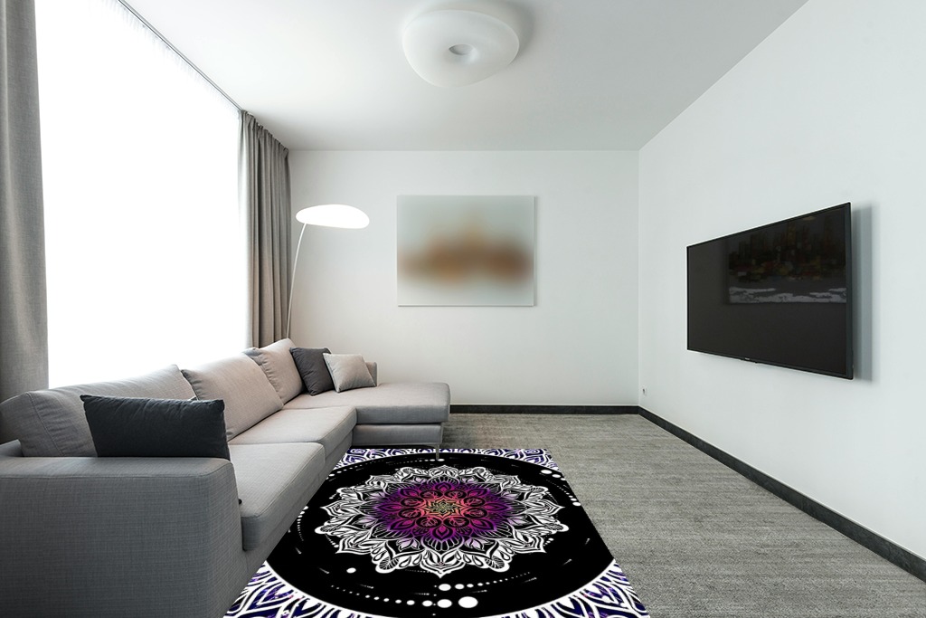 Boho Mandala Area Rug, 5x7ft, Anti-Slip Carpet with Mandala Design Covering The Whole Screen Indoor Outdoor Bohemian Collection Rugs for Bedroom Living Room Office, Multicolor White Black Purple in Modern Living Room with Grey Couch