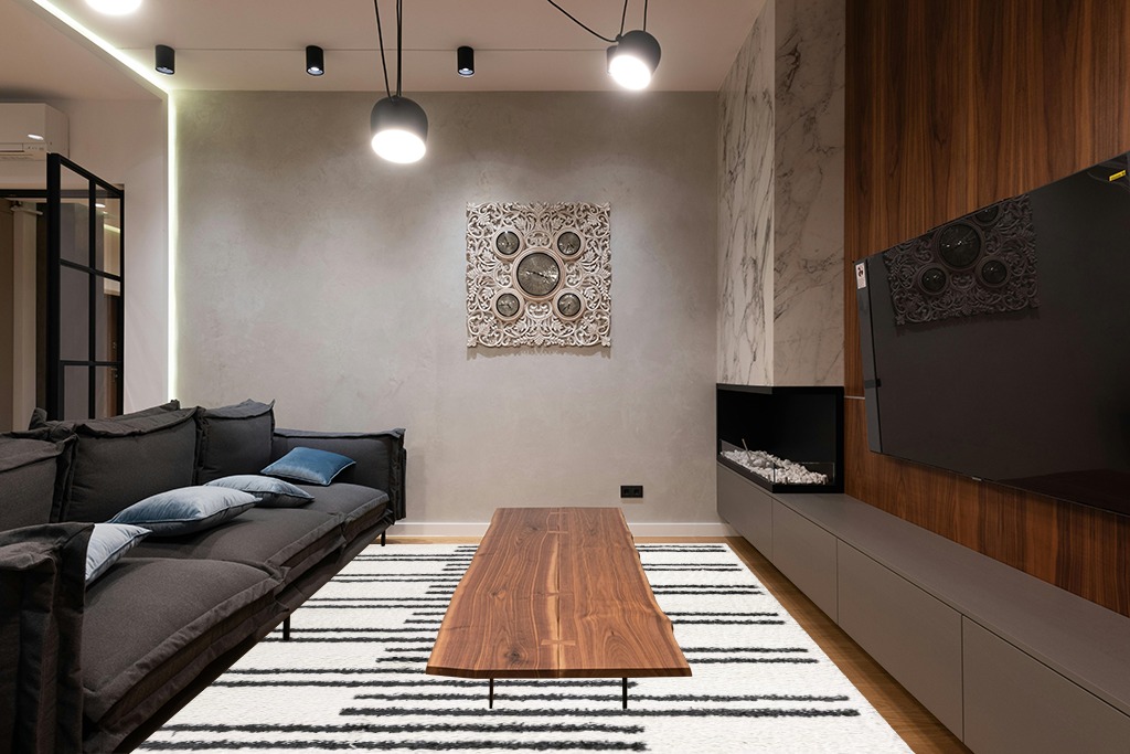 Eyely HOM406A-8 Moroccan Hype Petra Stripe Geometric Shag Indoor Area Rug Bohemian;Transitional;Modern, Bedroom, Kitchen, Living Room, Easy-Cleaning, Non-Shedding, 8 X 10, White/Gray in Dark Wood Living Room with Black Couch