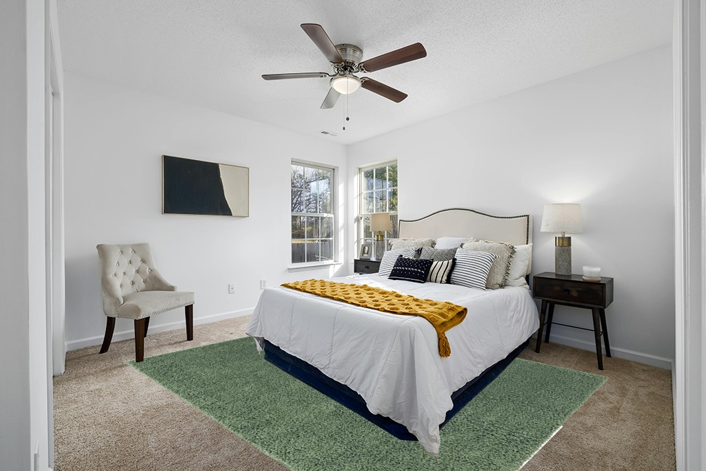8x10 Green fluffy rug in White and Yellow Modern Bedroom