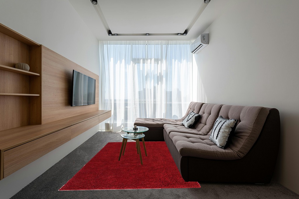 Red Shag Rug 6'x9' in Grey Living Room with Brown Couch