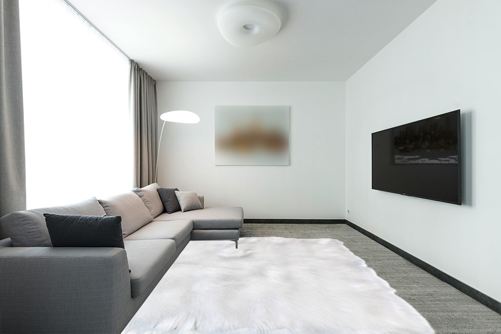 8 x 10 Feet Carpet in Modern Living Room with Grey Couch