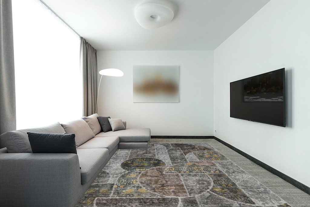 9x12 Area Rugs for Living Room Bedroom, Machine Washable Rug with Low Pile Non-Slip Backing, Soft Large Area Rug Vintage Patchwork Indoor Floor Carpet for Dining Room Nursery Office-Green/Brown in Modern Living Room with Grey Couch