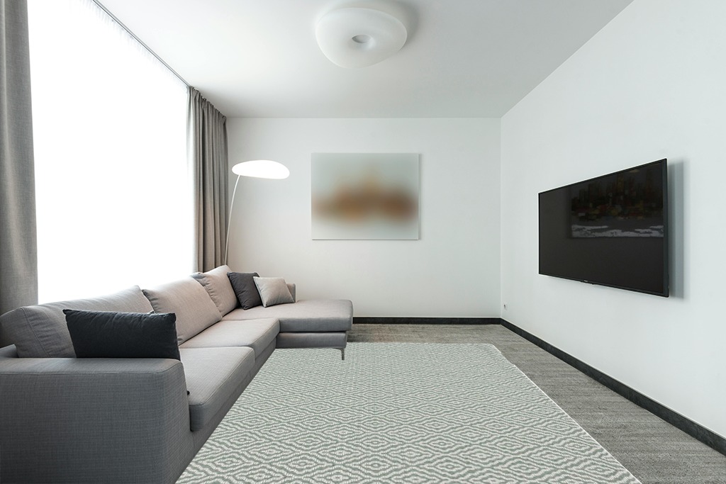 Martha Stewart Collection by SAFAVIEH 8' x 10' Green/Ivory MSR484Y Contemporary Geometric Cotton Area Rug in Modern Living Room with Grey Couch