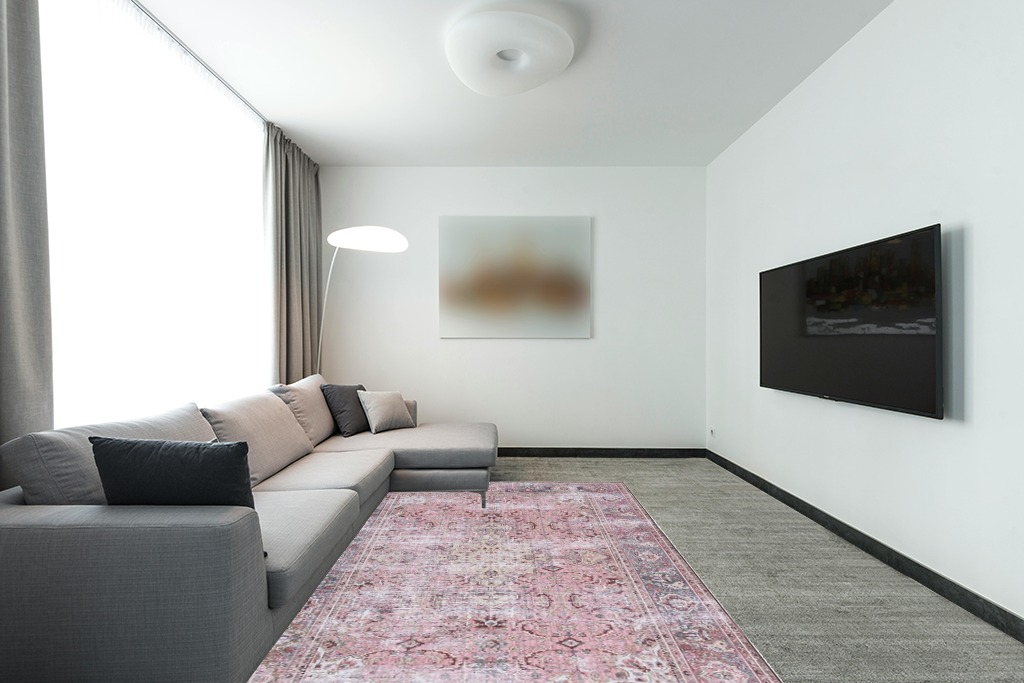 SAFAVIEH Tucson Collection Area Rug - 6' x 9', Pink & Beige, Persian Design, Non-Shedding Machine Washable & Slip Resistant Ideal for High Traffic Areas in Living Room, Bedroom (TSN144U) in Modern Living Room with Grey Couch