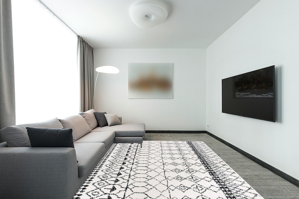 SAFAVIEH Tulum Collection Area Rug - 8' x 10', Ivory & Black, Moroccan Boho Distressed Design, Non-Shedding & Easy Care, Ideal for High Traffic Areas in Living Room, Bedroom (TUL229B) in Modern Living Room with Grey Couch