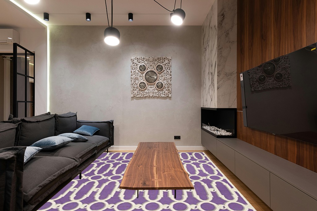 SAFAVIEH Newport Collection Area Rug - 7'9" x 9'9", Purple & White, Handmade Cotton, Ideal for High Traffic Areas in Living Room, Bedroom (NPT434B) in Dark Wood Living Room with Black Couch