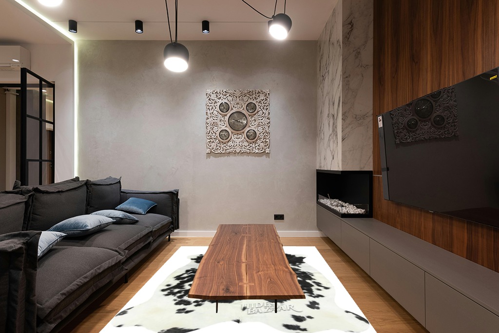HIDES BAZAAR Classic Black and White Cowhide Rug, Premium Quality Genuine Leather Cow Hide, Area Rug (6x7 ft) in Dark Wood Living Room with Black Couch
