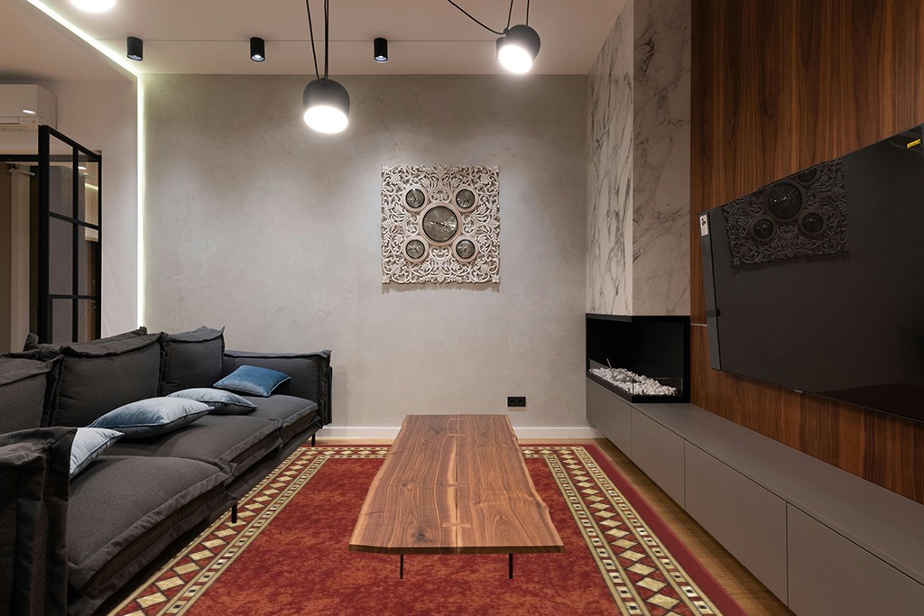 Antep Rugs Alfombras Modern Bordered 8x10 Non-Skid (Non-Slip) Low Profile Pile Rubber Backing Indoor Area Rugs (Maroon Beige, 7'10" x 10') in Dark Wood Living Room with Black Couch