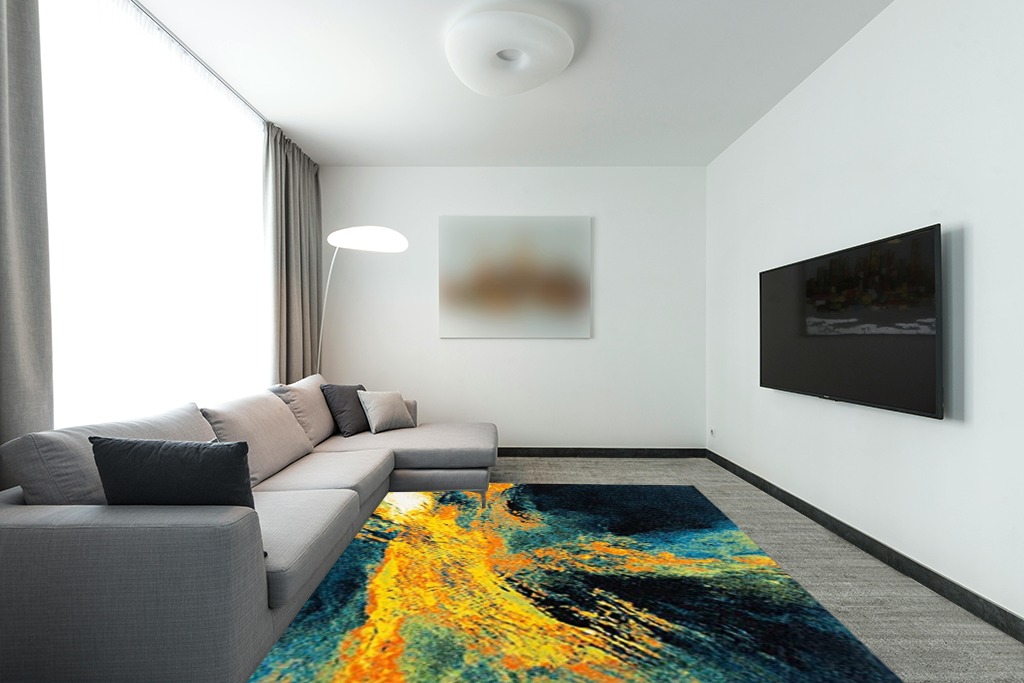 SAFAVIEH Galaxy Collection 8' x 10' Blue/Yellow GAL117L Modern Abstract Non-Shedding Living Room Dining Bedroom Area Rug in Modern Living Room with Grey Couch