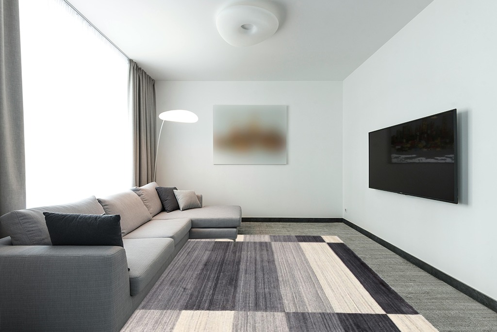 Pasargad Home Gramercy Collection Hand-Loomed Silk & Wool Ivory/Grey Area Rug- 7' 9" X 9' 9" in Modern Living Room with Grey Couch
