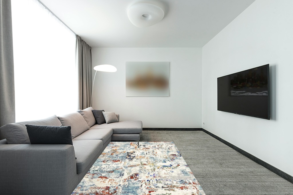 Area Rug Living Room Rugs - 5x7 Washable Large Modern Abstract Soft No Slip Indoor Rug Thin Floor Carpet for Bedroom Under Dining Table Home Office Decor - Blue in Modern Living Room with Grey Couch