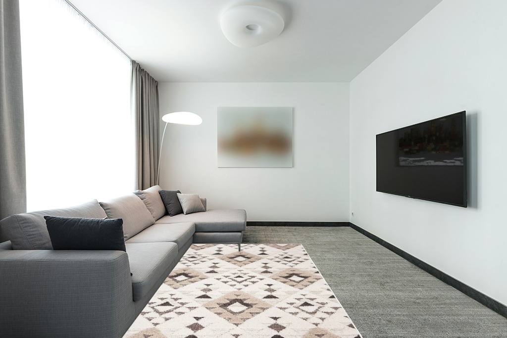 ‎Ivory/Brown ‎Shag & Flokati ‎Non shedding ‎Living Room ‎Area Rug in Modern Living Room with Grey Couch