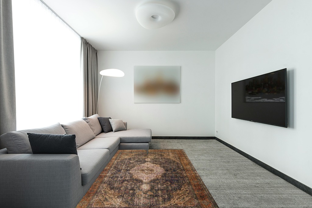 Loloi II Loren Collection LQ-02, Plum/Multi 5'-0" x 7'-6", Area Rug, Soft, Durable, Vintage, Distressed, Low Profile, Non-Shedding, Easy Clean, Living Room Rug in Modern Living Room with Grey Couch