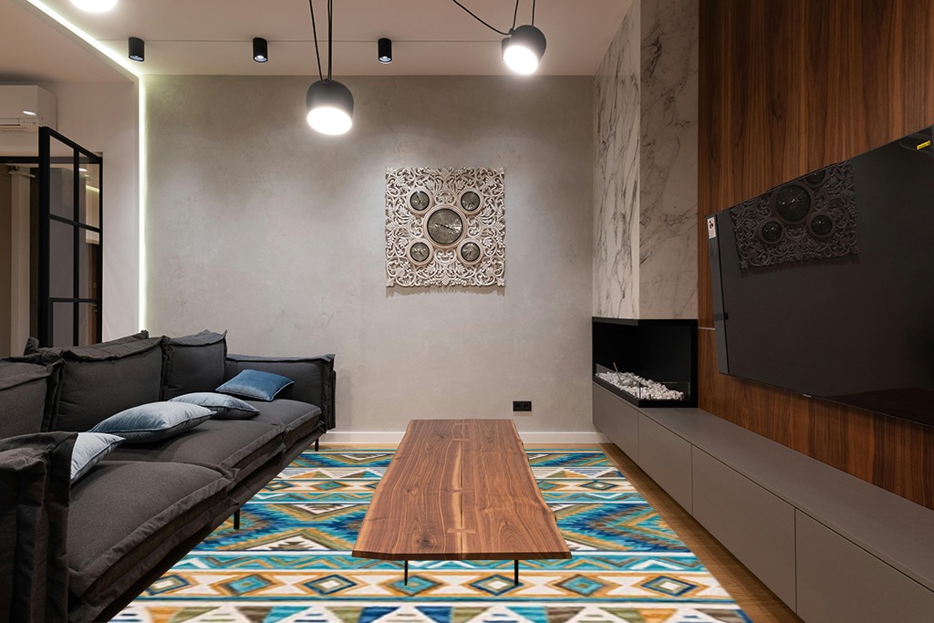SAFAVIEH Aspen Collection Area Rug - 8' x 10', Blue & Yellow, Handmade Boho Wool, Ideal for High Traffic Areas in Living Room, Bedroom (APN352M) in Dark Wood Living Room with Black Couch