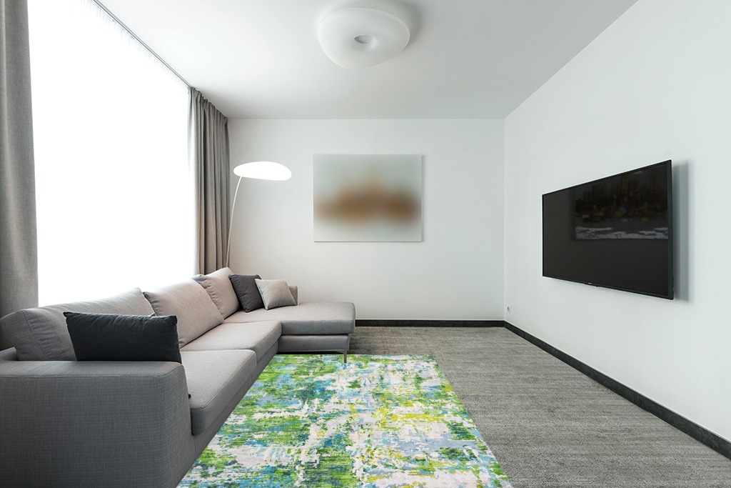 Area Rug Living Room Rugs - 5x7 Washable Large Modern Abstract Soft No Slip Indoor Rug Thin Floor Carpet for Bedroom Under Dining Table Home Office Decor - Green in Modern Living Room with Grey Couch