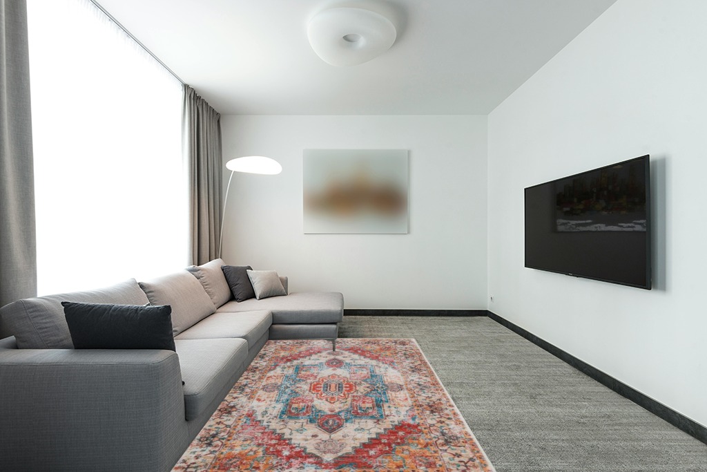Comeet Area Rug 5x8, Living Room Bedroom Rug, Washable Vintage Area Rug Anti Slip Floor Carpet for Dining Room Home Orange/Blue in Modern Living Room with Grey Couch
