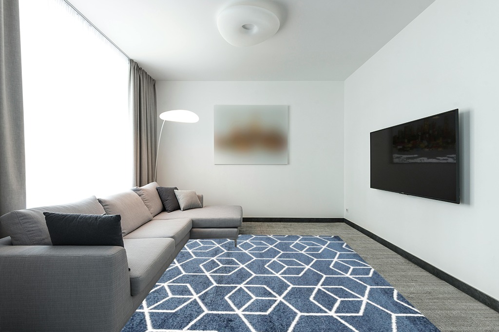 JONATHAN Y SEU101H-8 Tumbling Blocks Modern Geometric Indoor Area-Rug Contemporary Casual Easy-Cleaning Bedroom Kitchen Living Room Non Shedding, 8 X 10, Navy/White,JSEU101H8 in Modern Living Room with Grey Couch