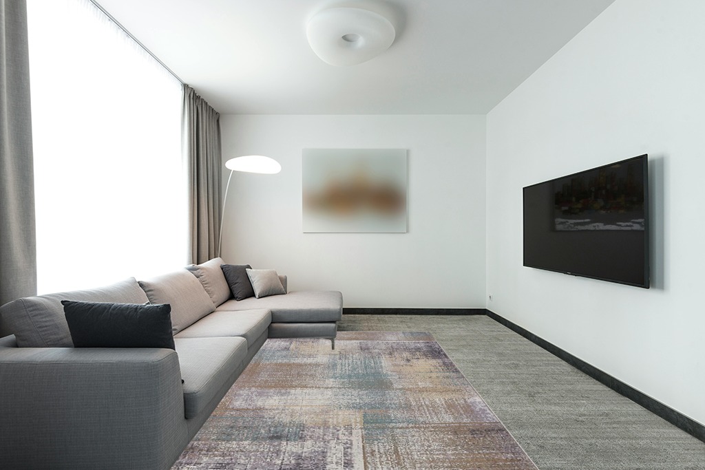 SUPERIOR Washable Indoor Large Area Rug, Modern Abstract Home Floor Decor for Living Room Spaces, Kitchen/Dining, Bedrooms, Office, Dorm, Patchwork Aesthetic, Aria Collection, 6' x 9', Taupe in Modern Living Room with Grey Couch