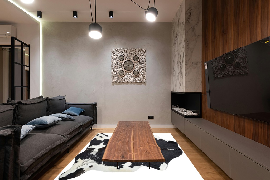 HIDES BAZAAR Dark Tricolor Cowhide Rug, Premium Quality Genuine Leather Cow Hide, Dark Brown, Black and White Area Rug (6x7 ft) in Dark Wood Living Room with Black Couch