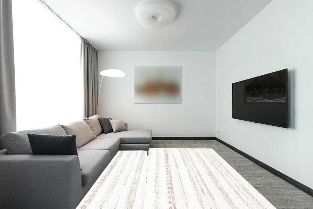 Area Rug Living Room Rugs: 8x10 Large Soft Machine Washable Boho Moroccan Farmhouse Neutral Stain Resistant Indoor Floor Rug Carpet for Bedroom Under Dining Table Home Office House Decor - Brown in Modern Living Room with Grey Couch