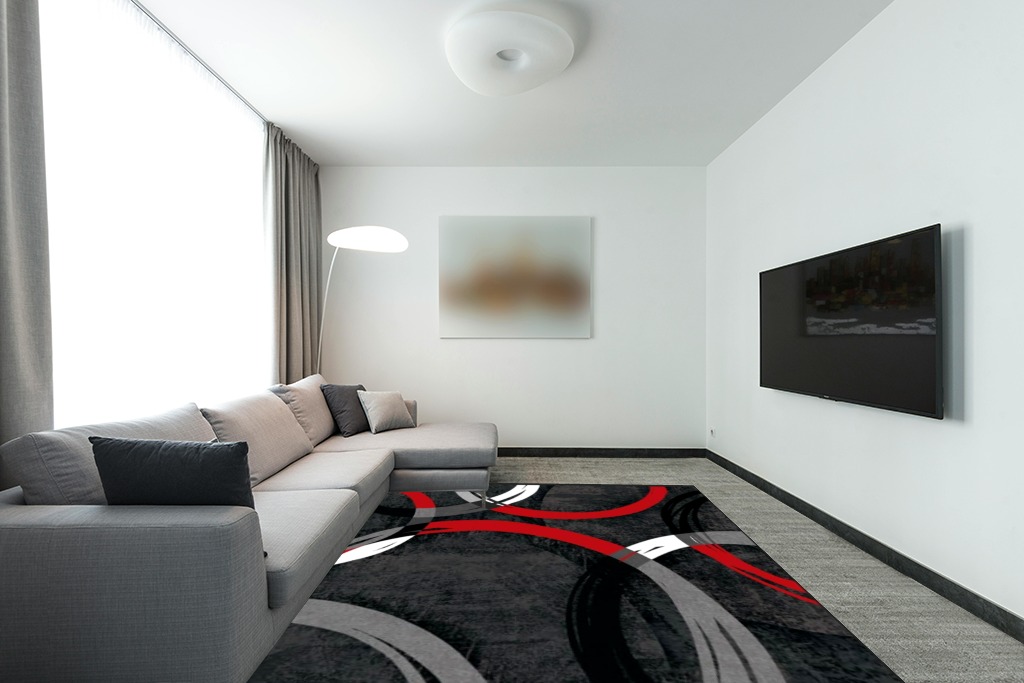 notepure Red Geometric Circle Area Rug for Living 8x10 in Modern Living Room with Grey Couch