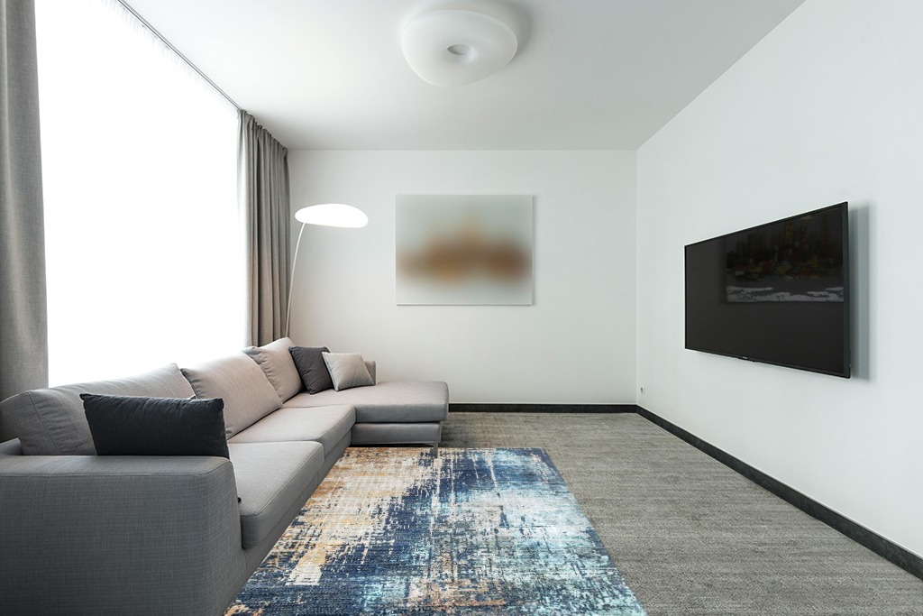 VK VK·LIVING Washable Rug 5x7 Modern Abstract Machine Washable Area Rugs Anti Slip Backing Washable Rugs for Living Room, Bedroom, Home Decor, Blue in Modern Living Room with Grey Couch