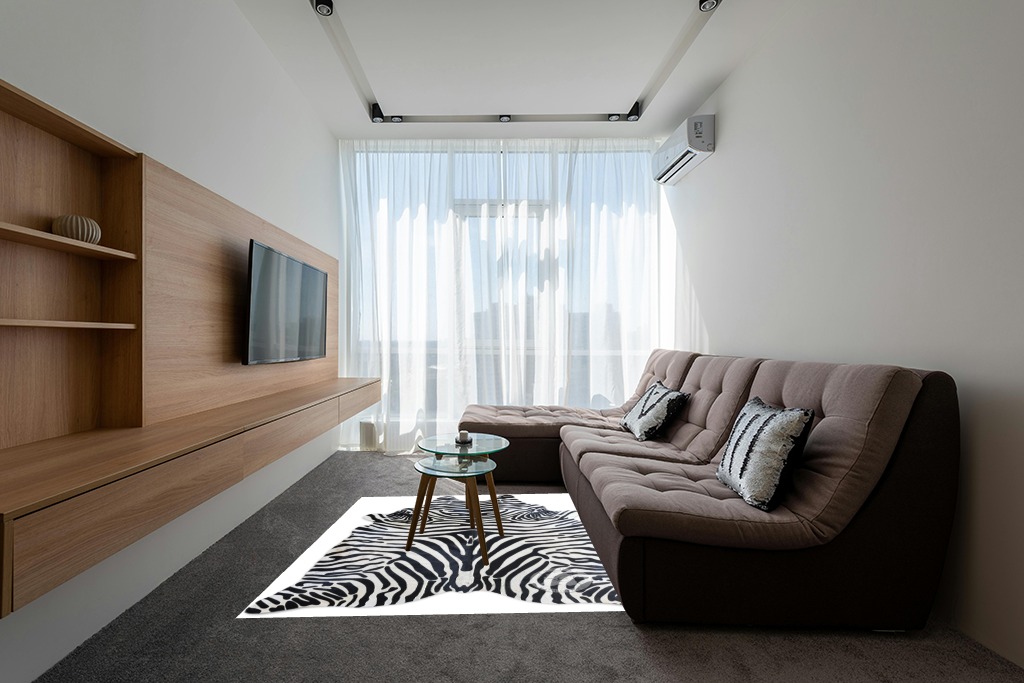 Sunshine Cowhides Genuine Safari Zebra Print Cowhide Rug - Luxurious Cow Rug for Bedroom, Living Room, and Home Decor Enthusiasts - Masterpiece of Style and Functionality - 6x7ft (180x210cm) in Grey Living Room with Brown Couch
