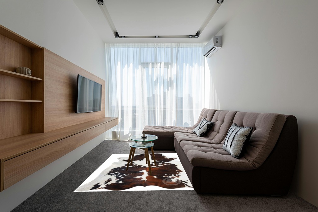 Sunshine Cowhides Genuine Tricolor Cowhide Rug - Luxurious Cow Rug for Bedroom, Living Room, and Home Decor Enthusiasts - Masterpiece of Style and Functionality - 6x6-7ft (180x210cm) in Grey Living Room with Brown Couch