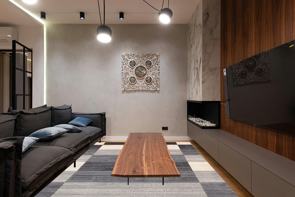 Pasargad Home Gramercy Collection Hand-Loomed Silk & Wool Ivory/Grey Area Rug- 7' 9" X 9' 9" in Dark Wood Living Room with Black Couch