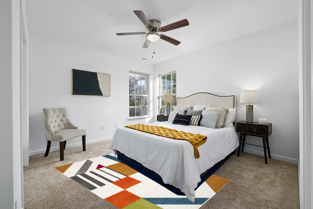 SAFAVIEH Hollywood Collection Area Rug - 5'3" x 7'6", Ivory & Peacock Blue, Mid-Century Modern Design, Non-Shedding & Easy Care, Ideal for High Traffic Areas in Living Room, Bedroom (HLW709B) in White and Yellow Modern Bedroom
