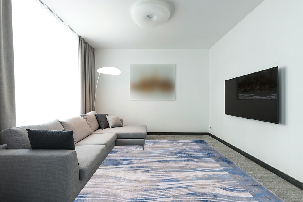 Safavieh Palma Collection Area Rug - 9' x 12', Beige & Blue, Modern Abstract Design, Non-Shedding & Easy Care, Ideal for High Traffic Areas in Living Room, Bedroom (PAM316A) in Modern Living Room with Grey Couch