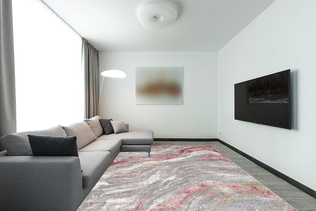 Hauteloom Liverpool Modern Abstract Bedroom Living Room Area Rug - Marble Swirl Pattern - Contemporary Bohemian Farmhouse - Pink, Red, Grey, Off White - 9'2" x 12' in Modern Living Room with Grey Couch