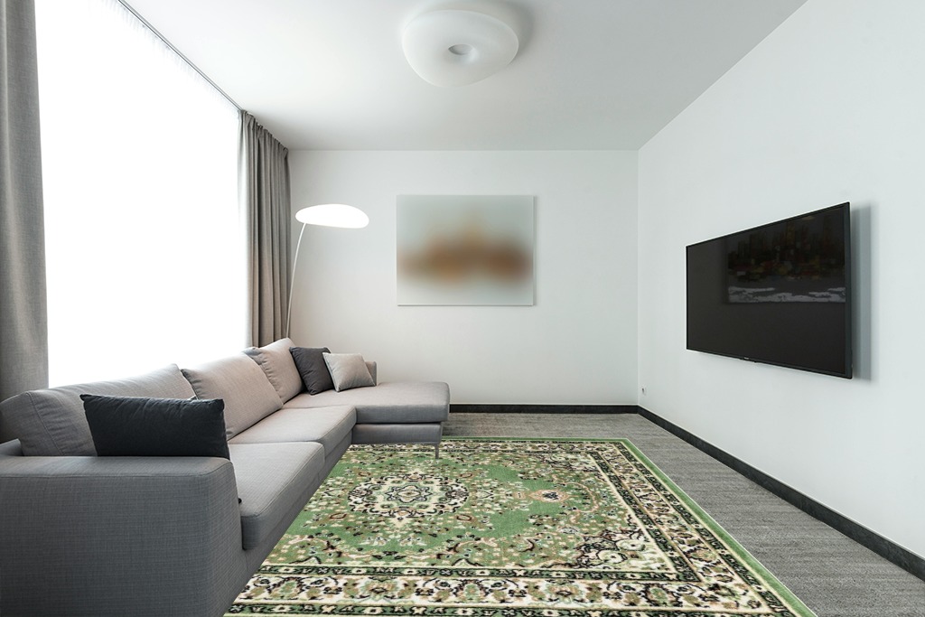 Antep Rugs Oriental 8x10 Traditional Medallion Indoor Area Rug Siesta (Green Beige, 7'10" x 10') in Modern Living Room with Grey Couch
