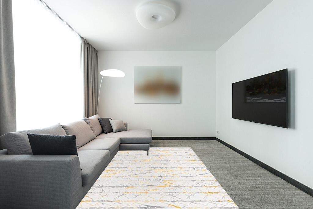 Unique Loom Finsbury Collection Area Rug - Anne (6' 1" x 9' Rectangle, Yellow and Gray/ Ivory) in Modern Living Room with Grey Couch