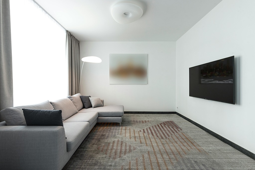 Safavieh Palma Collection Area Rug - 8' x 10', Beige & Light Grey, Mid-Century Modern Geometric Stripe Design, Non-Shedding & Easy Care, Ideal for High Traffic Areas in Living Room, Bedroom (PAM328A) in Modern Living Room with Grey Couch