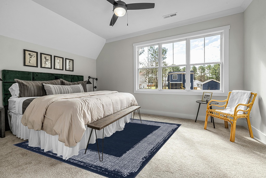 CAMILSON Navy Blue Area Rug 7'10" x 10', Easy-Cleaning Non-Shedding, Bordered for Living Room, Bedroom, Dining Room Navy Blue/Cream Indoor Area Rugs (8x10) in Grey Traditional Bedroom with King Bed