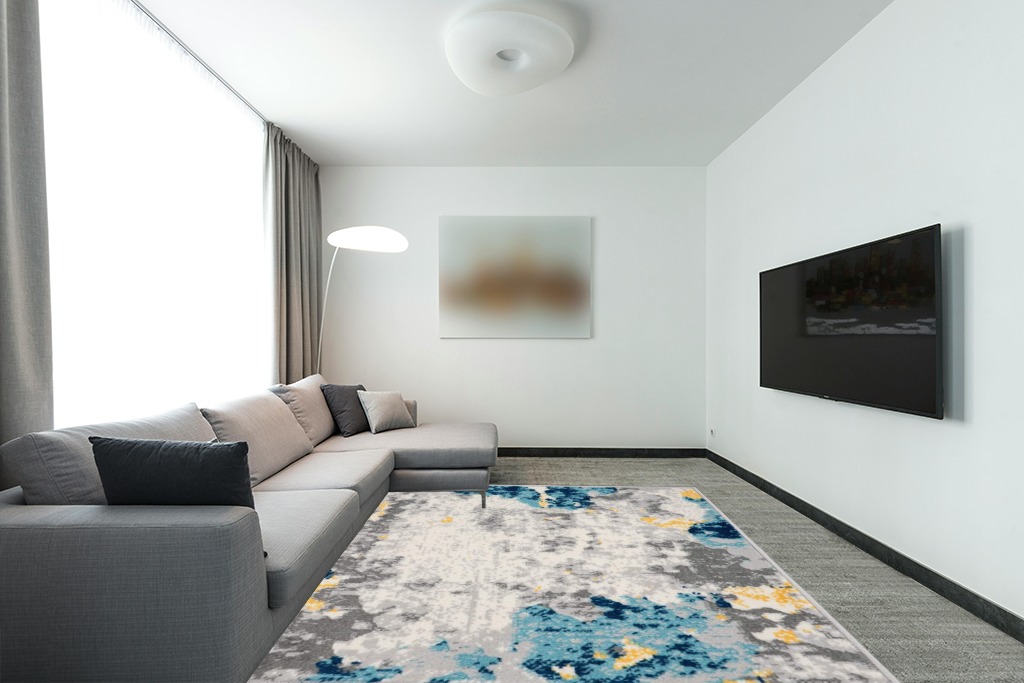 Cream Contemporary Soft Living Room Area Rug in Modern Living Room with Grey Couch