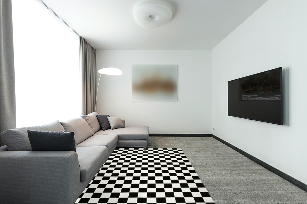 Seavish Checkered Rug, 5x6.5 Ft Black and White Outdoor Rug Moroccan Checkerboard Mat Washable Runner Rug Cotton Woven for Hallway Front Door Bedroom Entryway Kitchen Floor Reversible Area Rugs in Modern Living Room with Grey Couch
